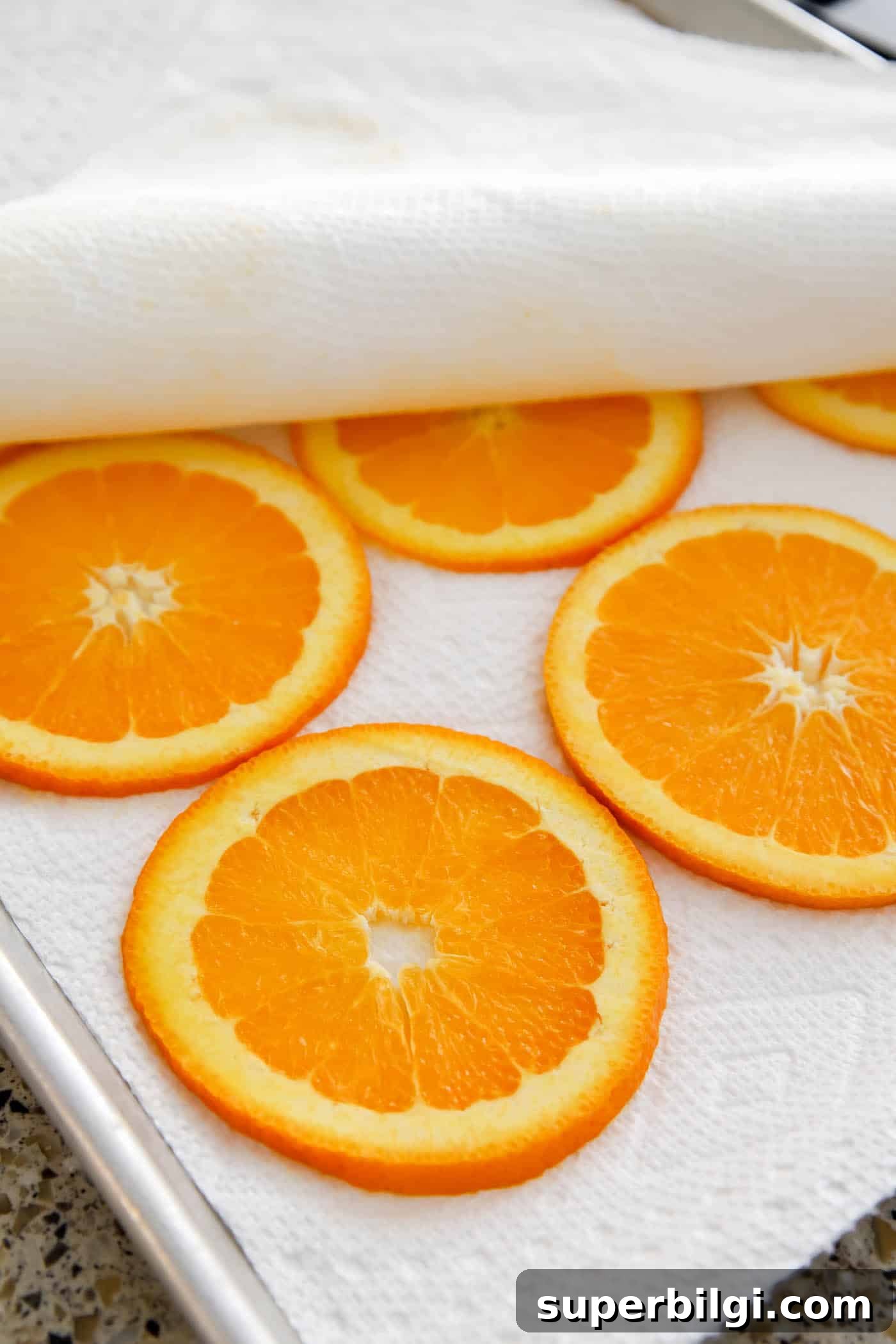 How to Dry Orange Slices for Crafts and Decorations 5 press moisture out of orange slices with paper towels