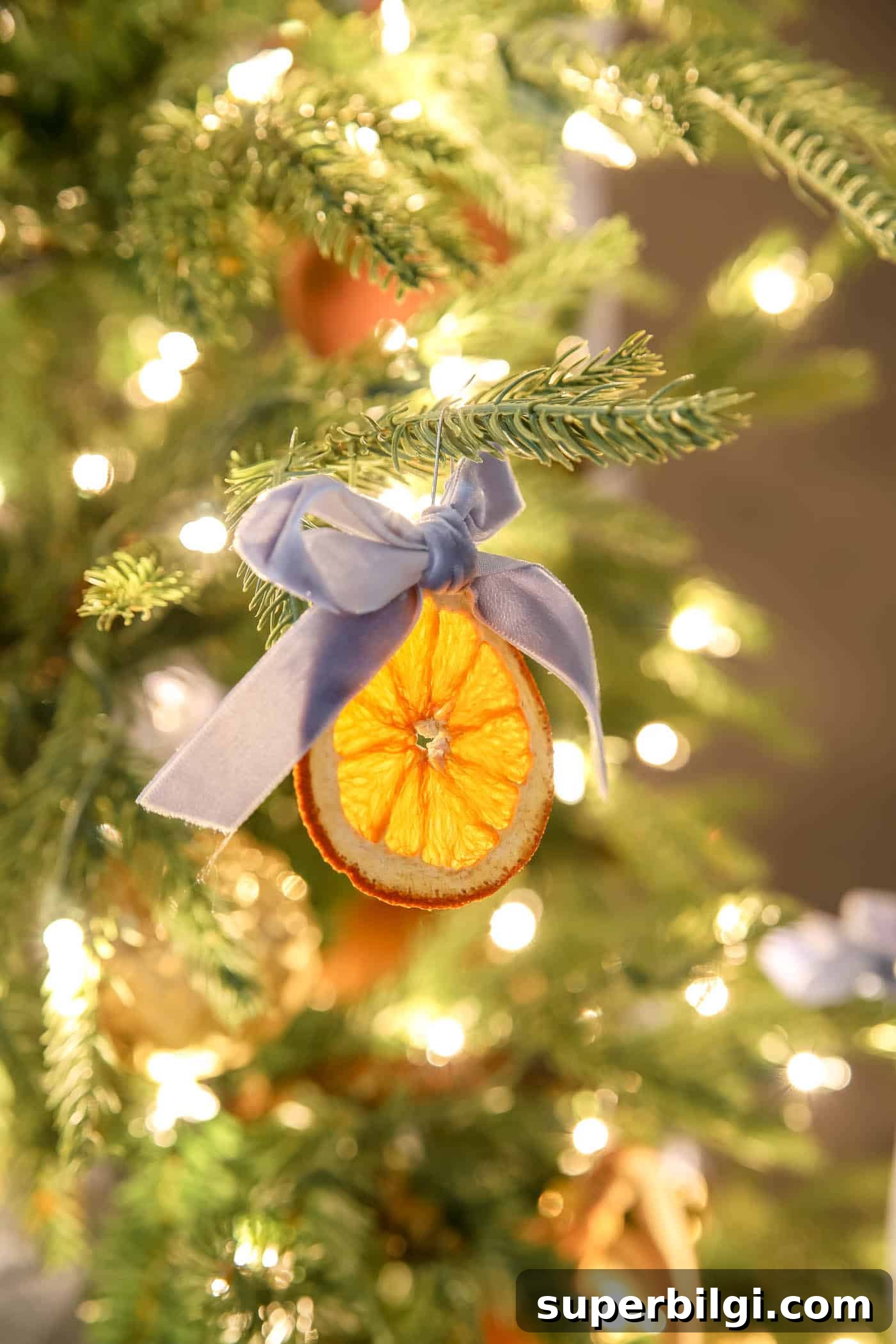 How to Dry Orange Slices for Crafts and Decorations 8 dried orange slice ornament with bow.