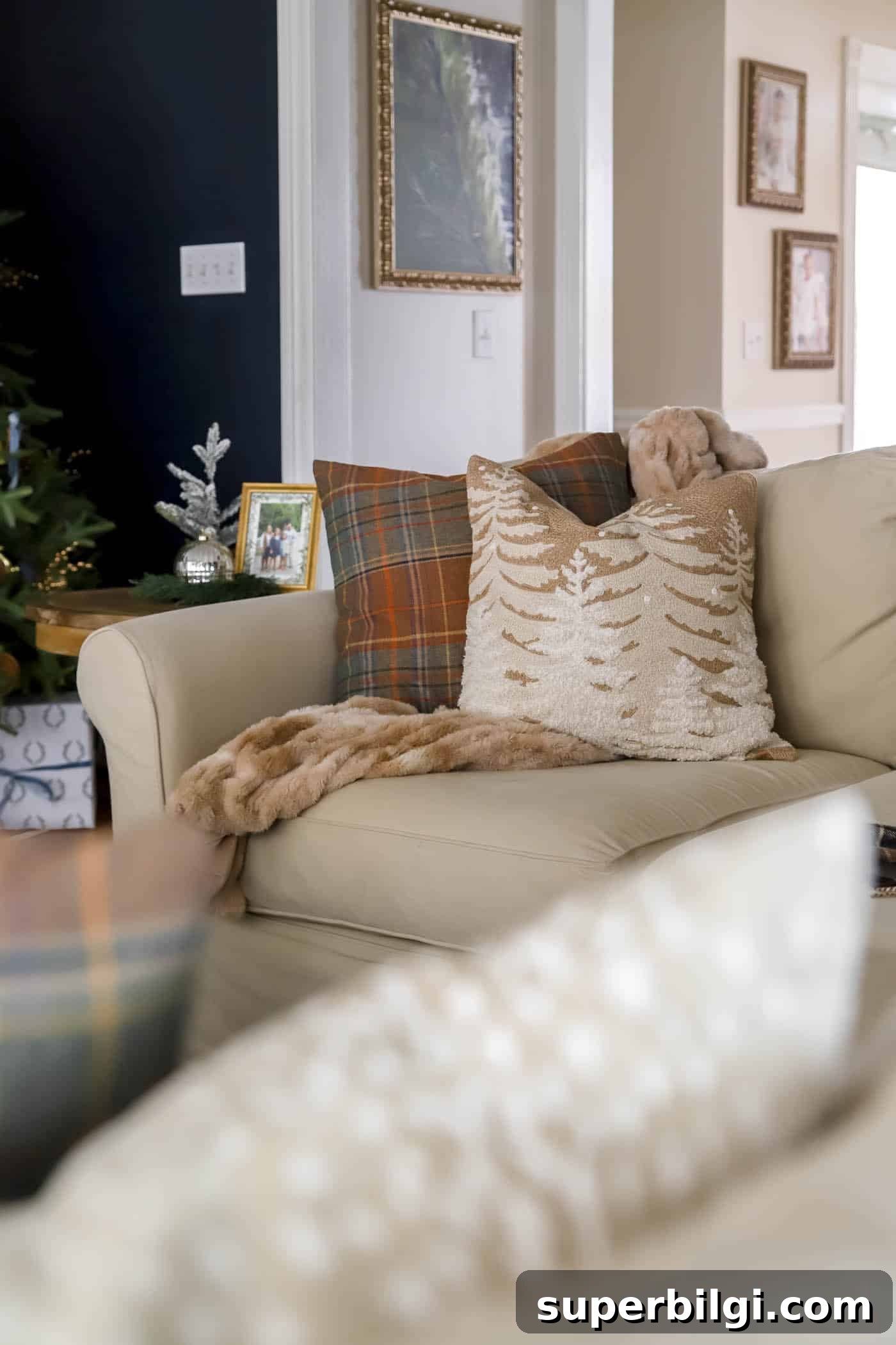 Orange, Blue and Brown Christmas Decor Ideas 14 brown and orange plaid pillow and wintery scene pillow cover.