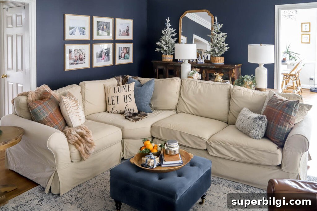Orange, Blue and Brown Christmas Decor Ideas 15 neutral sectional sofa with neutral Christmas pillows.