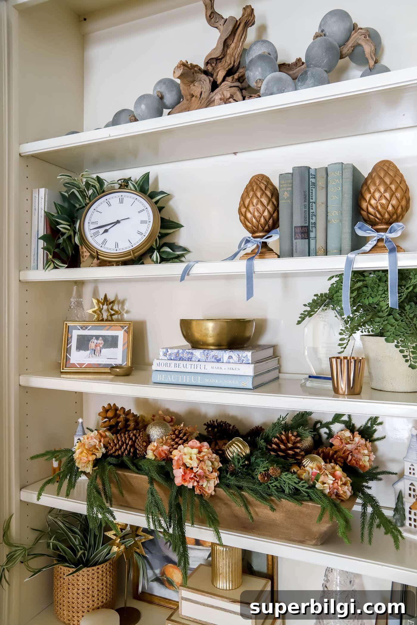 Orange, Blue and Brown Christmas Decor Ideas 17 orange blue and copper Christmas shelf decor.