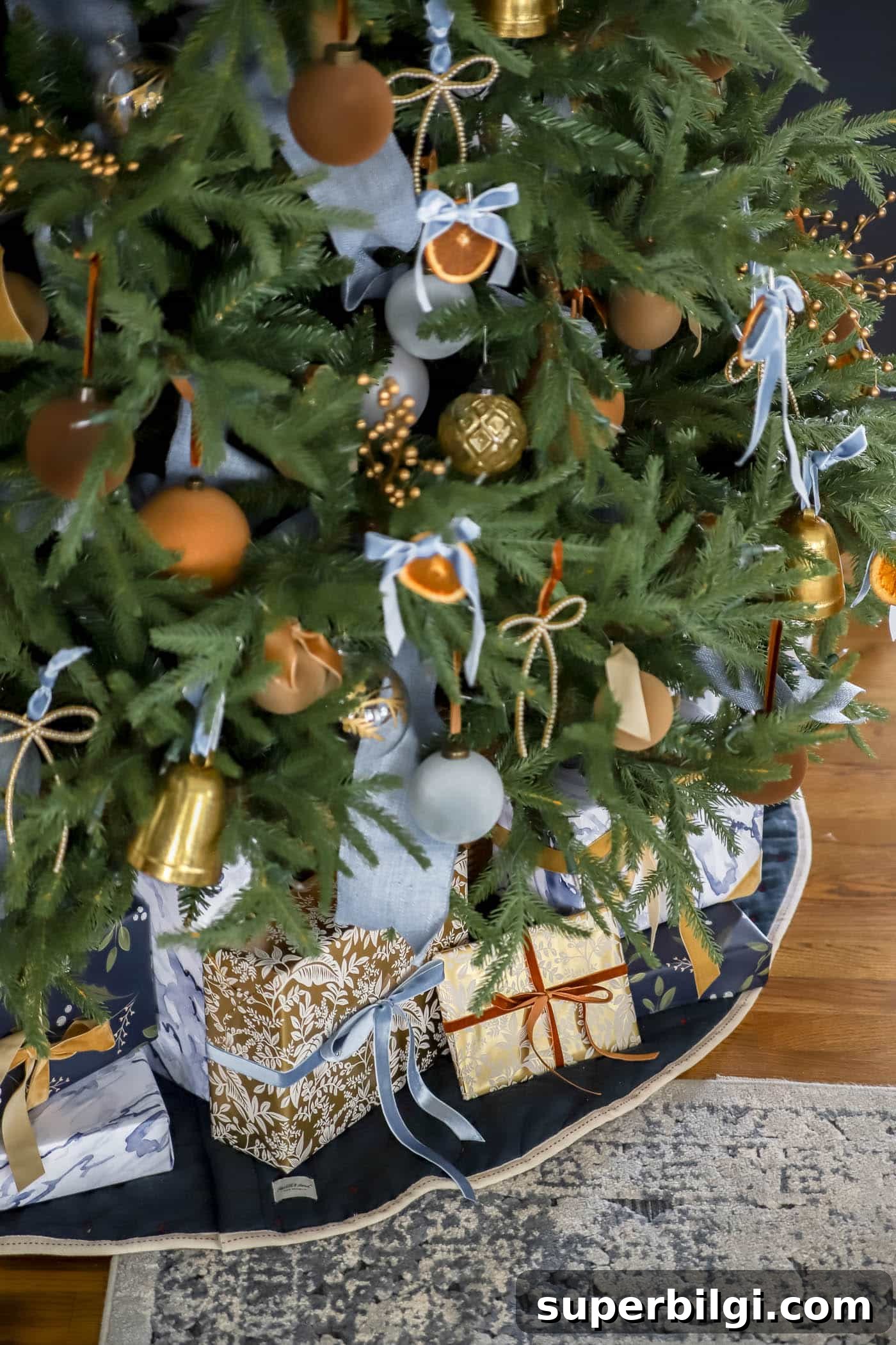 Orange, Blue and Brown Christmas Decor Ideas 7 close up of blue, brown and orange Christmas tree