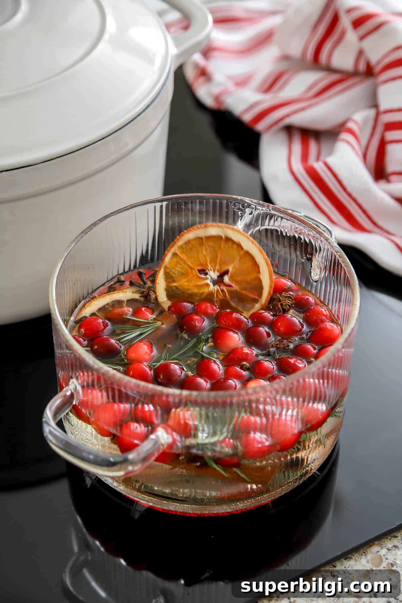 clear pot with Christmas simmering ingredients inside it on the stovetop.