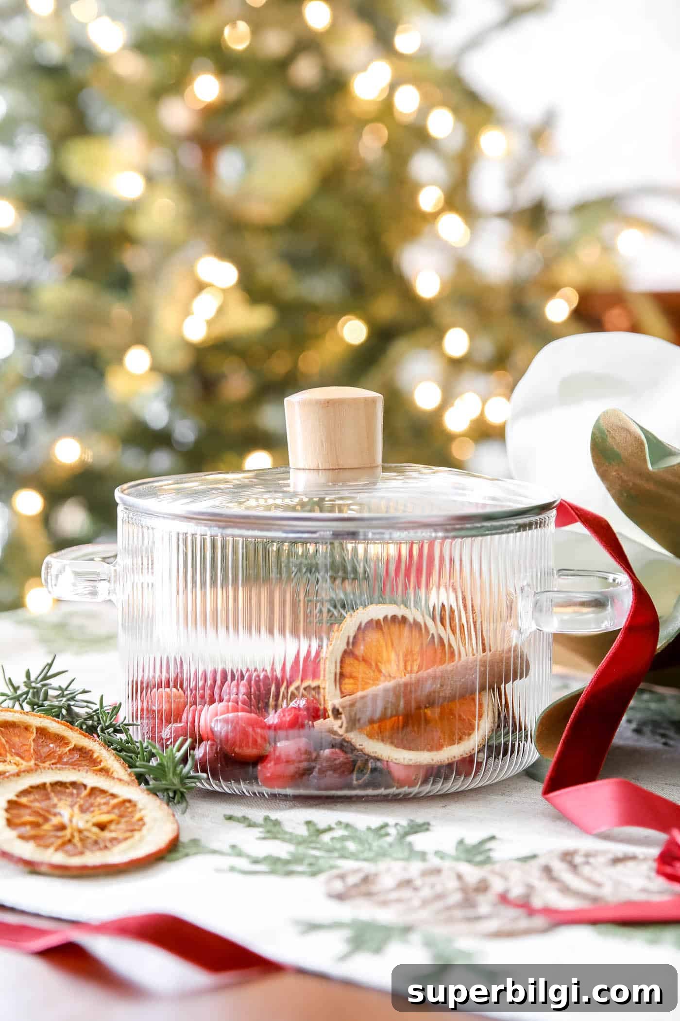 rosemary, oranges and cinnamon in a clear pot in front of a Christmas tree.