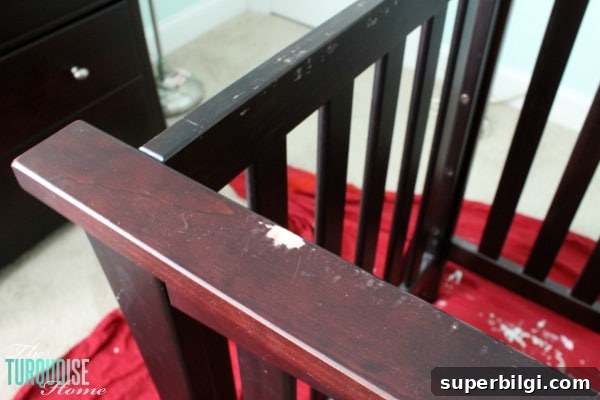 Gray Crib Before & After with Annie Sloan Chalk Paint 4 Old Crib with Bite Marks | TheTurquoiseHome.com