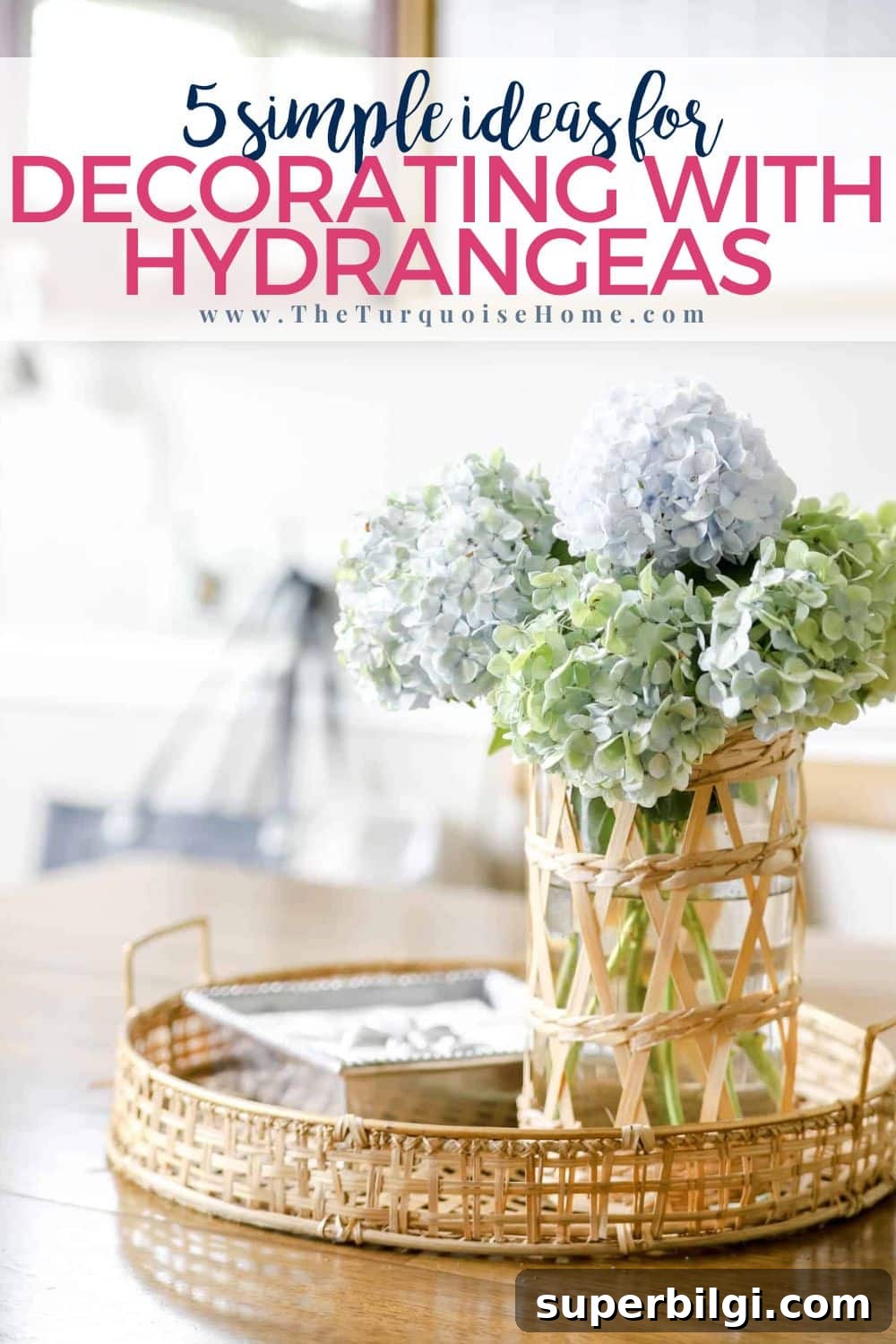 Hydrangea Decorating Ideas: Centerpieces and Bouquets 2 blue and white hydrangeas in a vase on a wooden table.