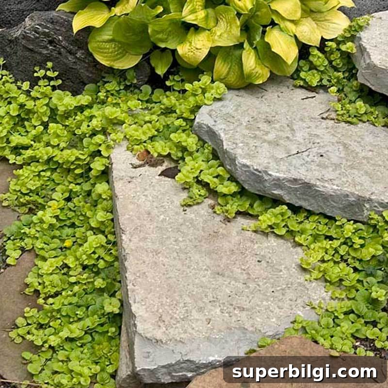 Creeping Jenny: Planting and Care Guide (Lysimachia nummularia) 4 creeping jenny around stepping stones.