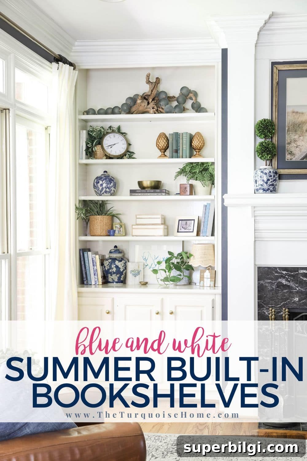 Breezy Blue and White Built-In Bookshelves for Summer Refresh 2 blue and white summer built-in bookshelves