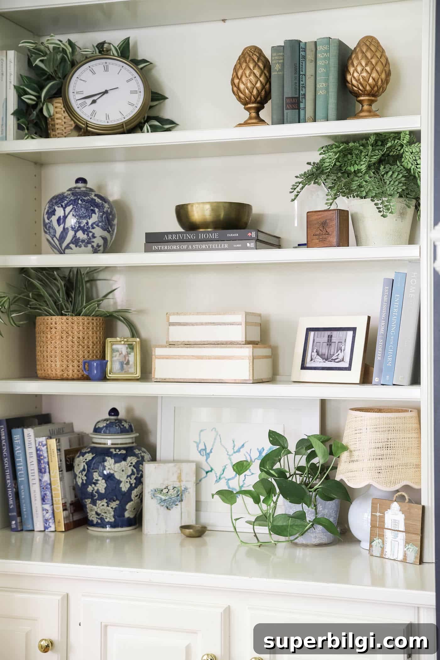 Breezy Blue and White Built-In Bookshelves for Summer Refresh 3 pretty summer built-in bookshelves with blue and white decor.