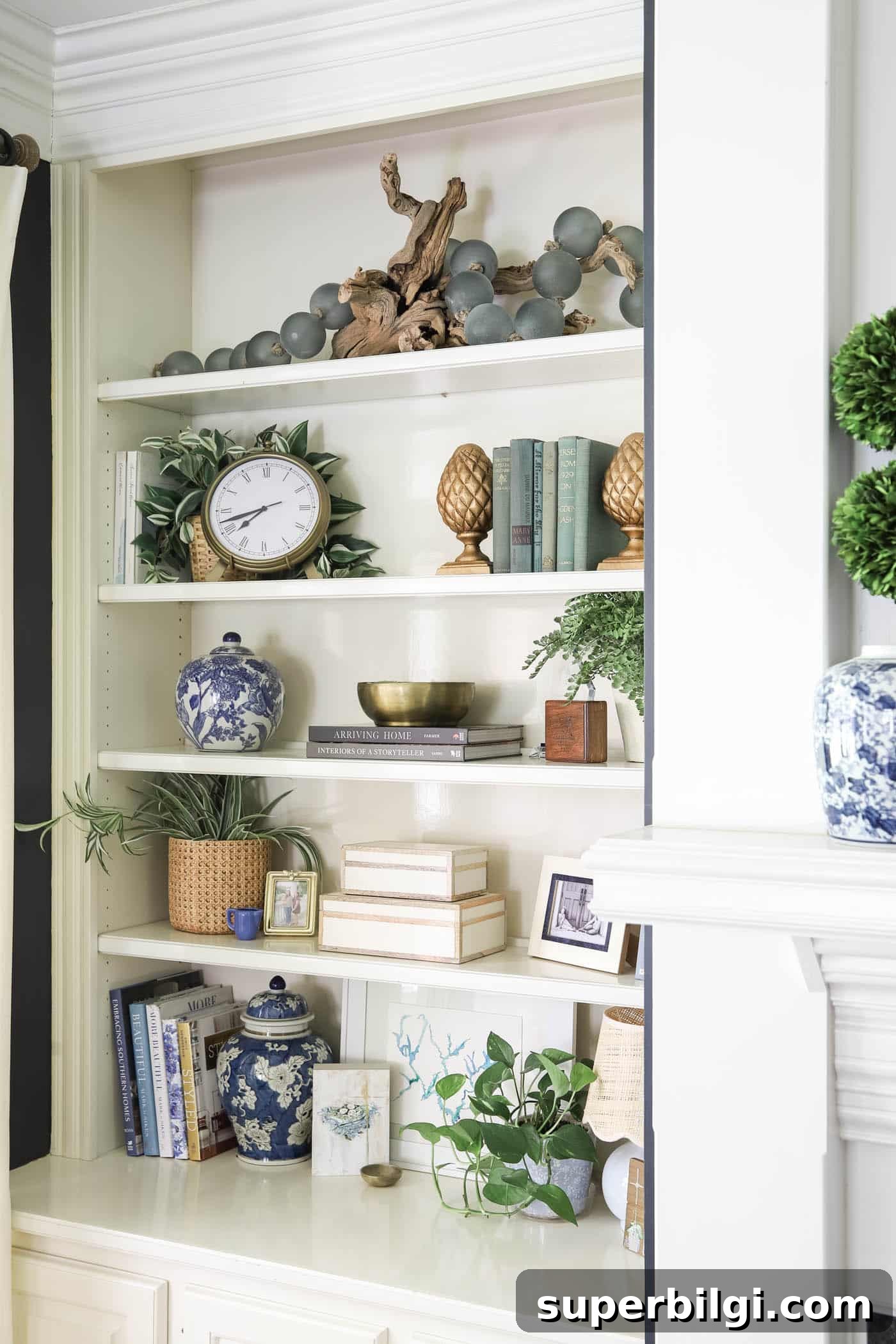 Breezy Blue and White Built-In Bookshelves for Summer Refresh 4 cute blue and white summer decor for living room built-in shelves