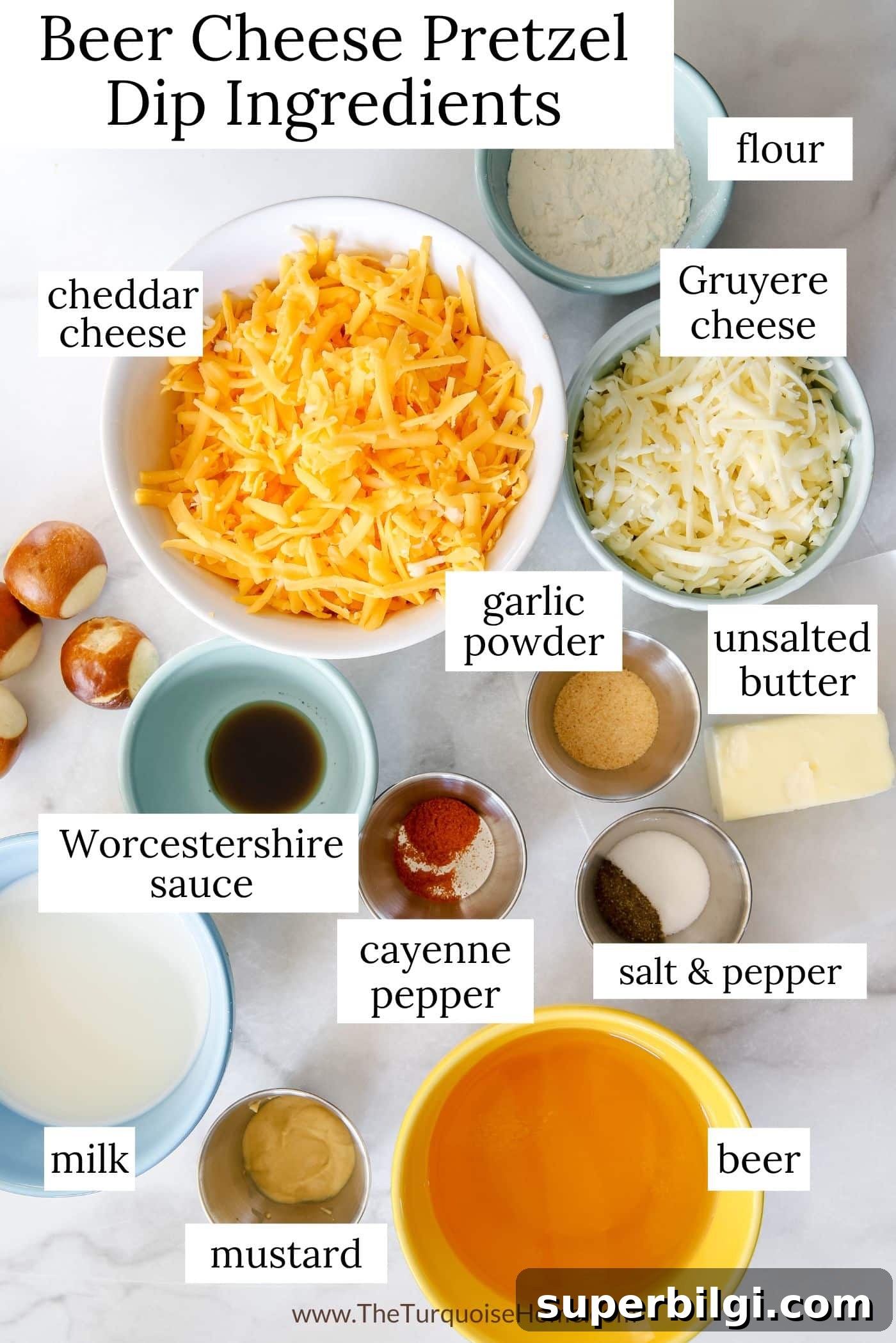 Creamy Beer Cheese Dip Recipe for Pretzels 3 beer cheese pretzel dip ingredients.
