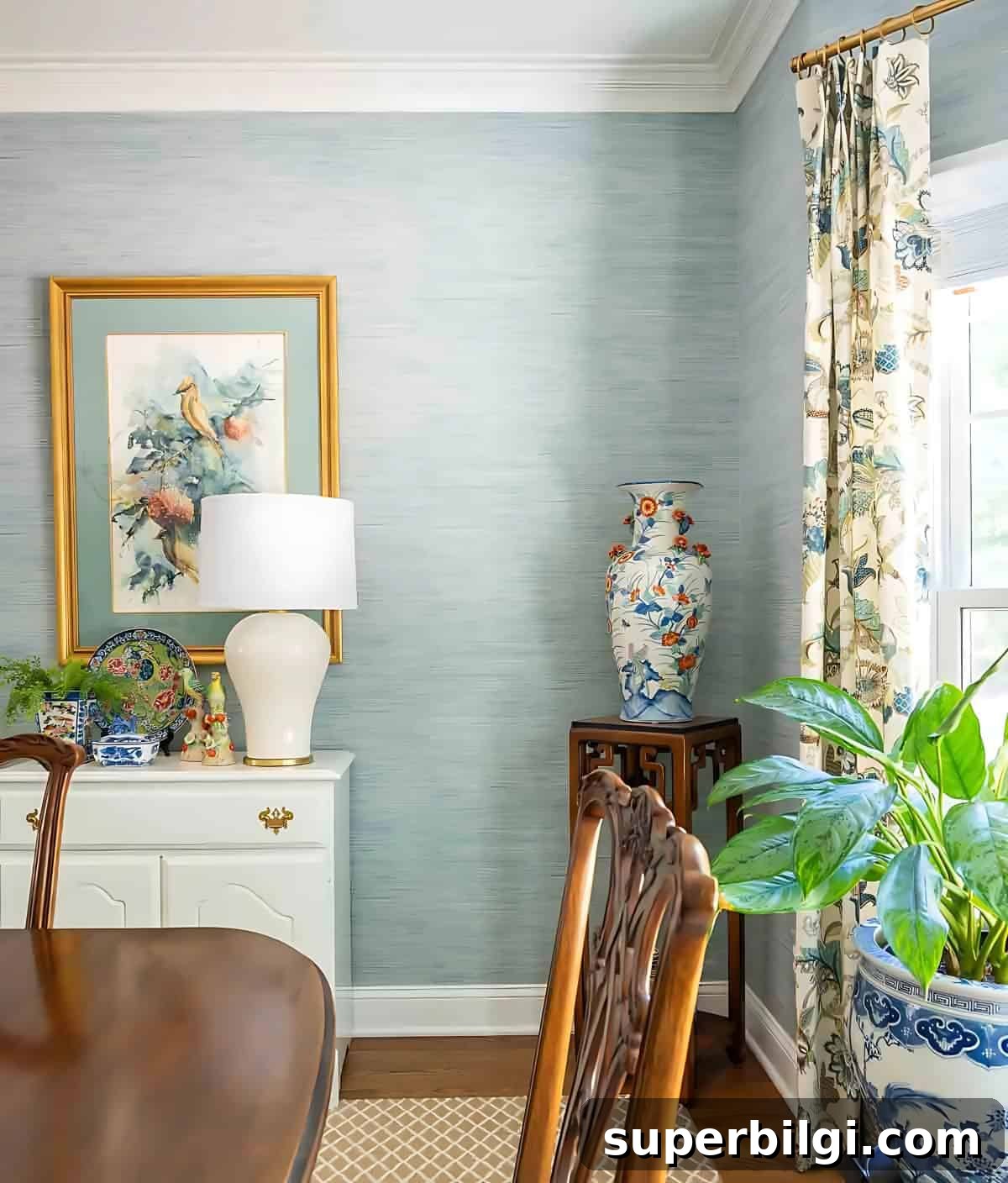 blue grasscloth wallpaper in a traditional dining room