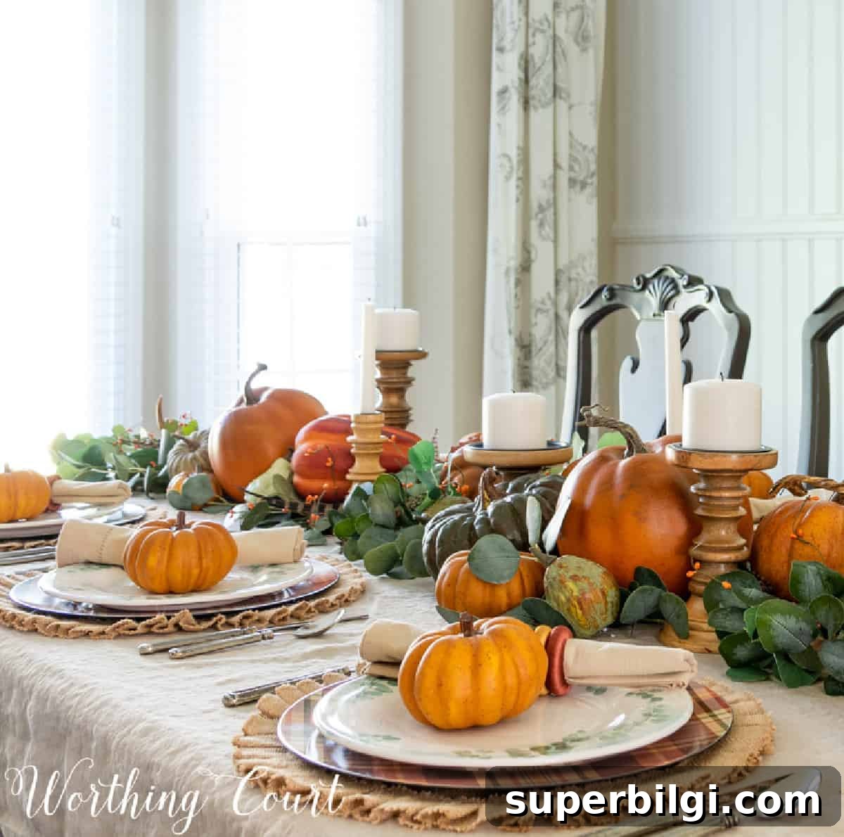 Holiday Kitchen: Christmas Ribbon Ideas and Red Plaid Tree 6 thanksgiving place settings with mini pumpkins