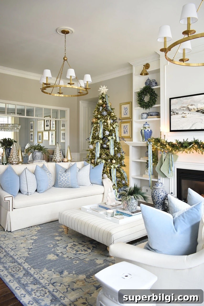 Festive Porch Ideas, Natural Christmas Decor & Blue-Green Rooms 12 blue and green christmas living room decor.