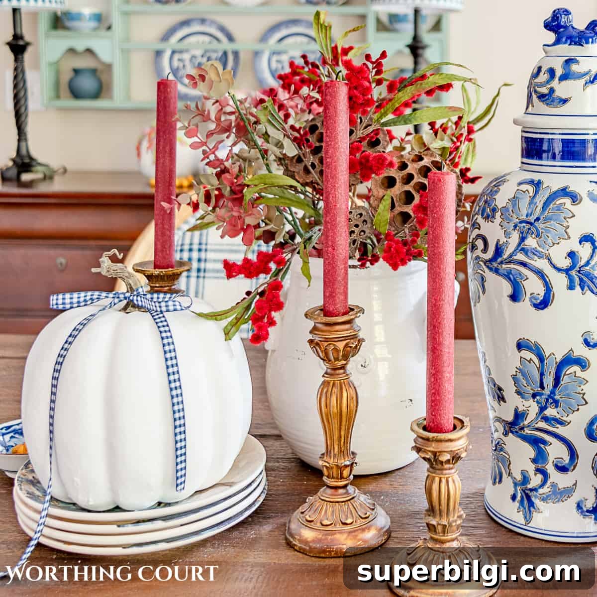 Festive Porch Ideas, Natural Christmas Decor & Blue-Green Rooms 8 white pumpkin with red candles with wood candlesticks.