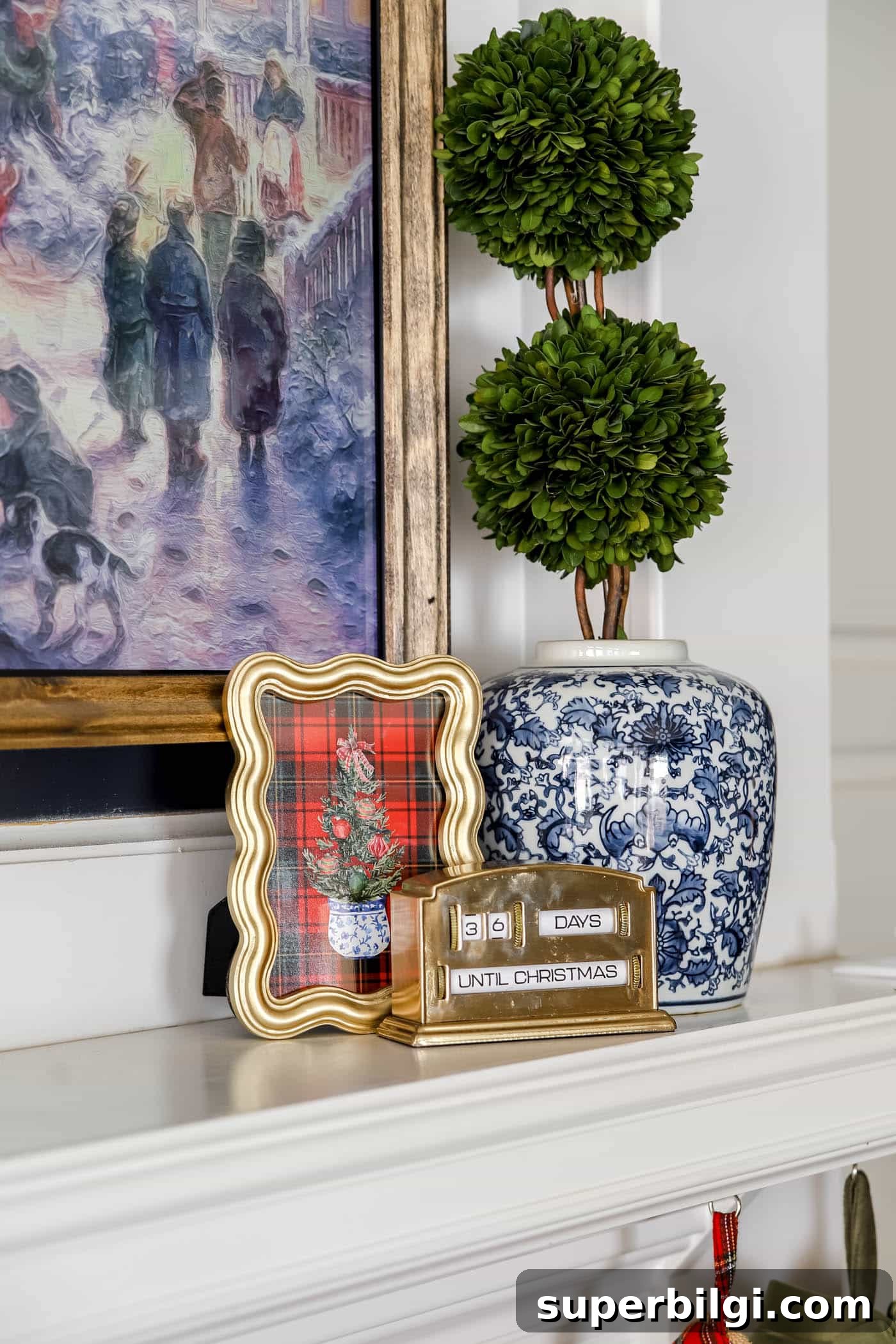 chinoiserie tree and classic plaid free Christmas printable in a wavy gold frame.