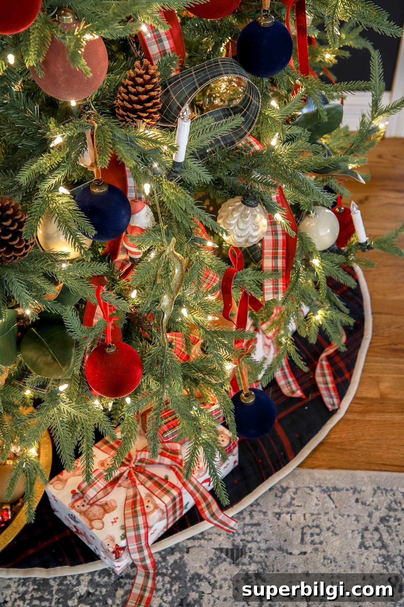 lots of tartan ribbon on a Ralph Lauren Christmas tree