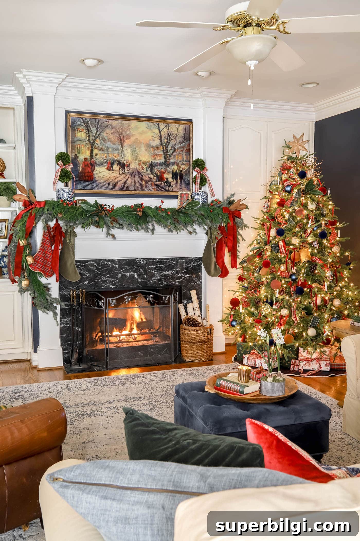 classic Ralph Lauren-Inspired Christmas decor in the living room.