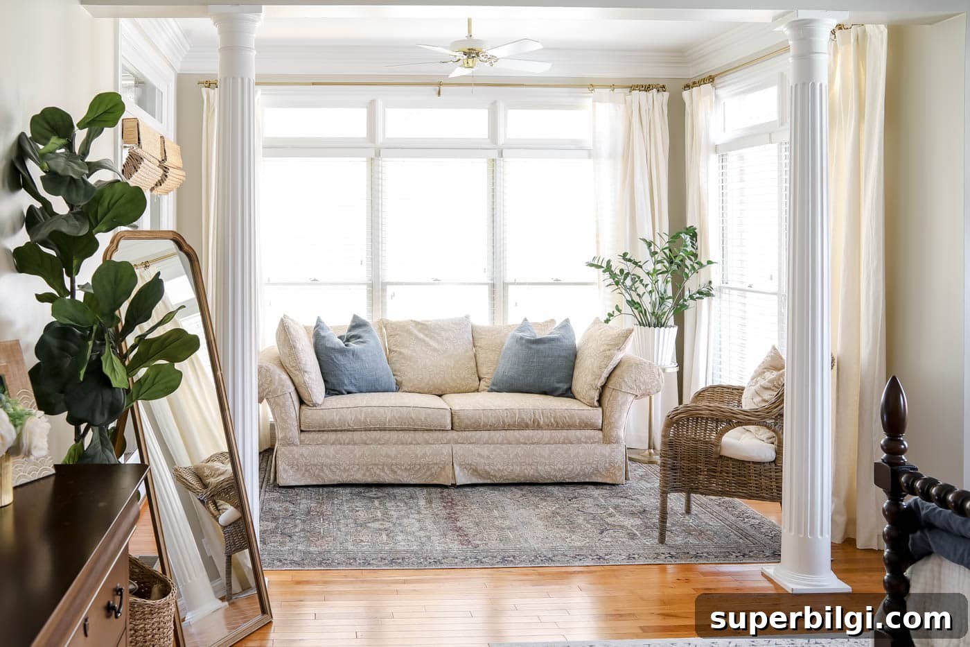 25 After Christmas Home Reset Tasks for January 9 sitting room in bedroom with ceiling fan.