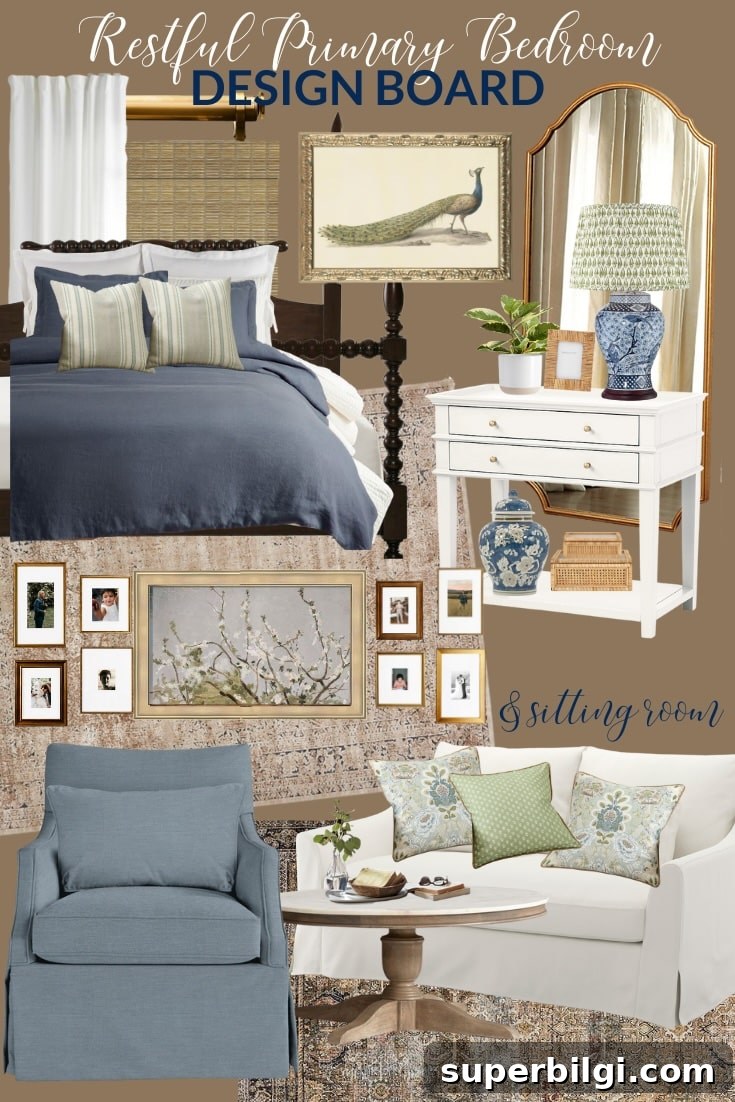 Primary bedroom design board with brown walls and blue and green accents.