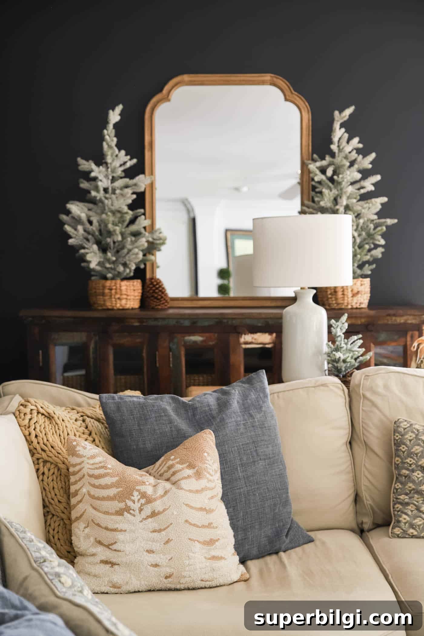 winter throw pillows on the sofa