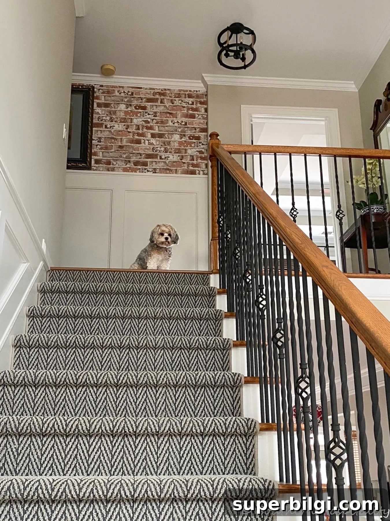 Green Paint Colors for Spring Dining Rooms and DIY Decor 4 adding brick wallpaper in the stairwell.
