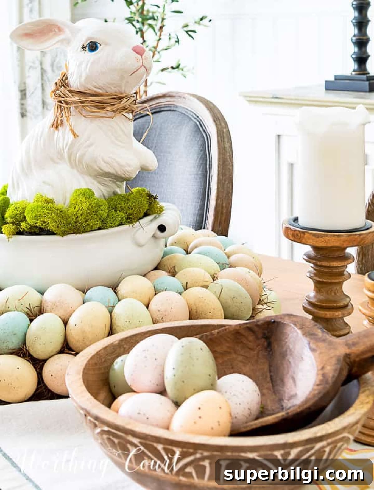 Spring Entryway, Butler's Pantry and Easter Centerpiece Ideas 12 easter egg wreath into centerpiece.
