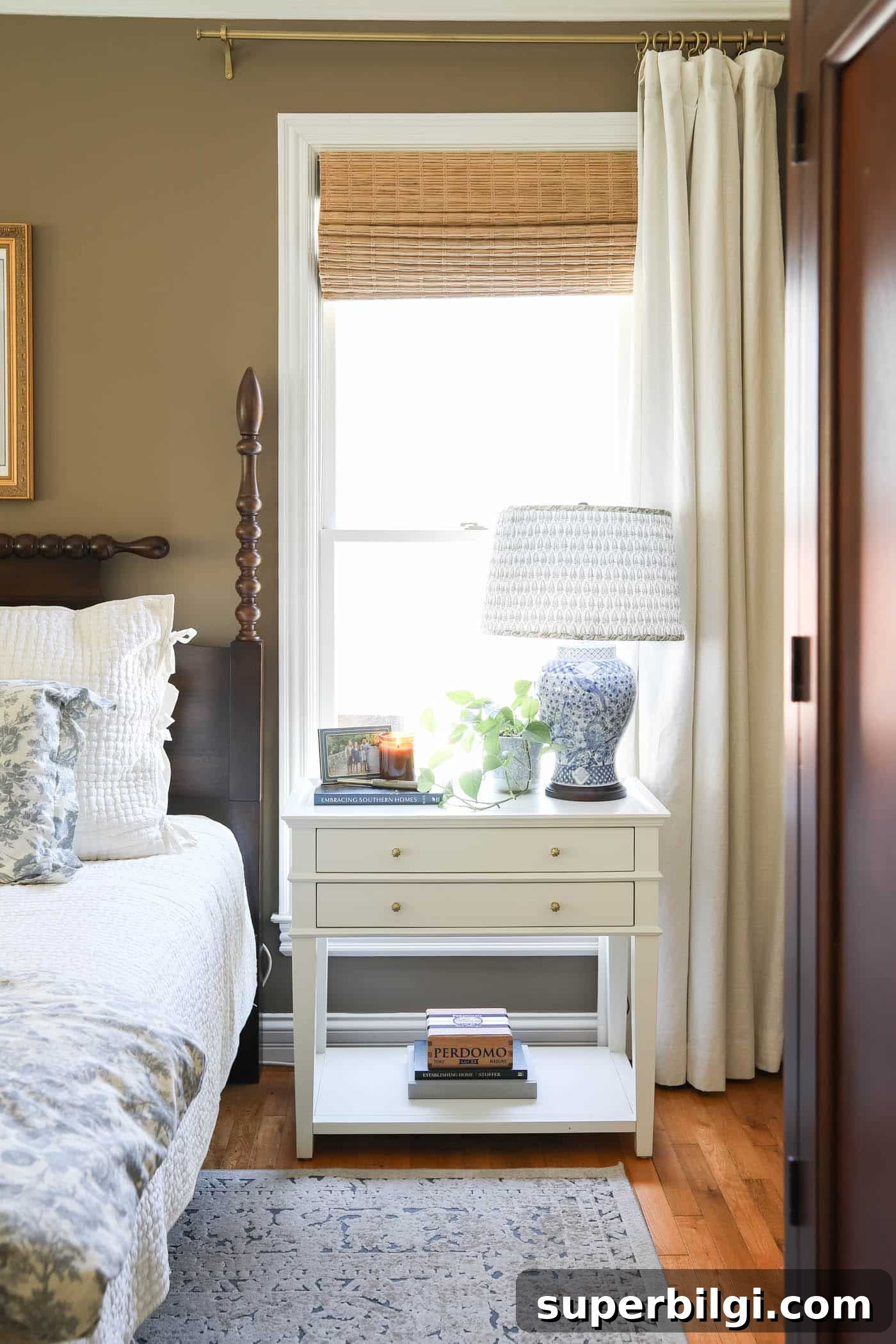Spring Bedroom Decor Ideas to Instantly Refresh Your Space 10 bedside table with lamp, cigar box and candle.