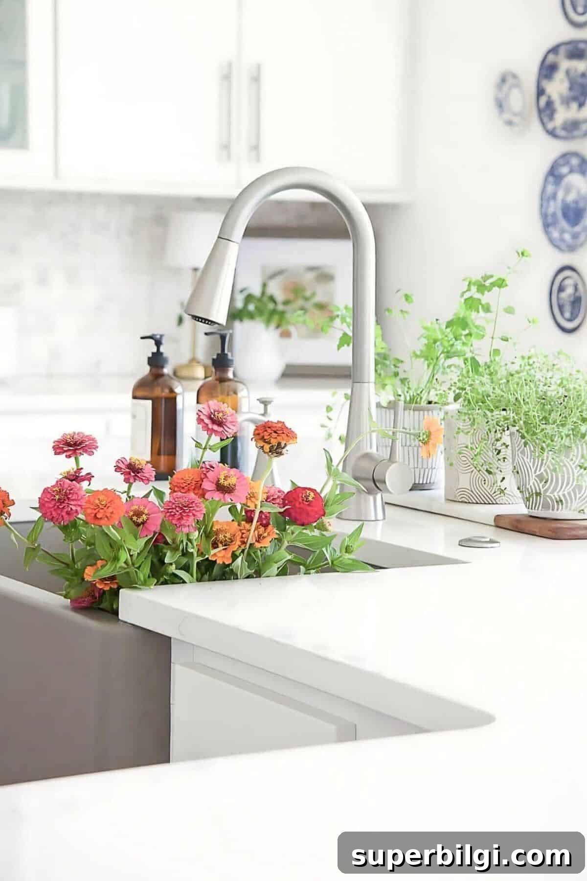 Small Porch Ideas, Pool Updates and Timeless Neutral Paint 10 Bright white kitchen with farmhouse sink, modern faucet, fresh flowers and countertop herb garden