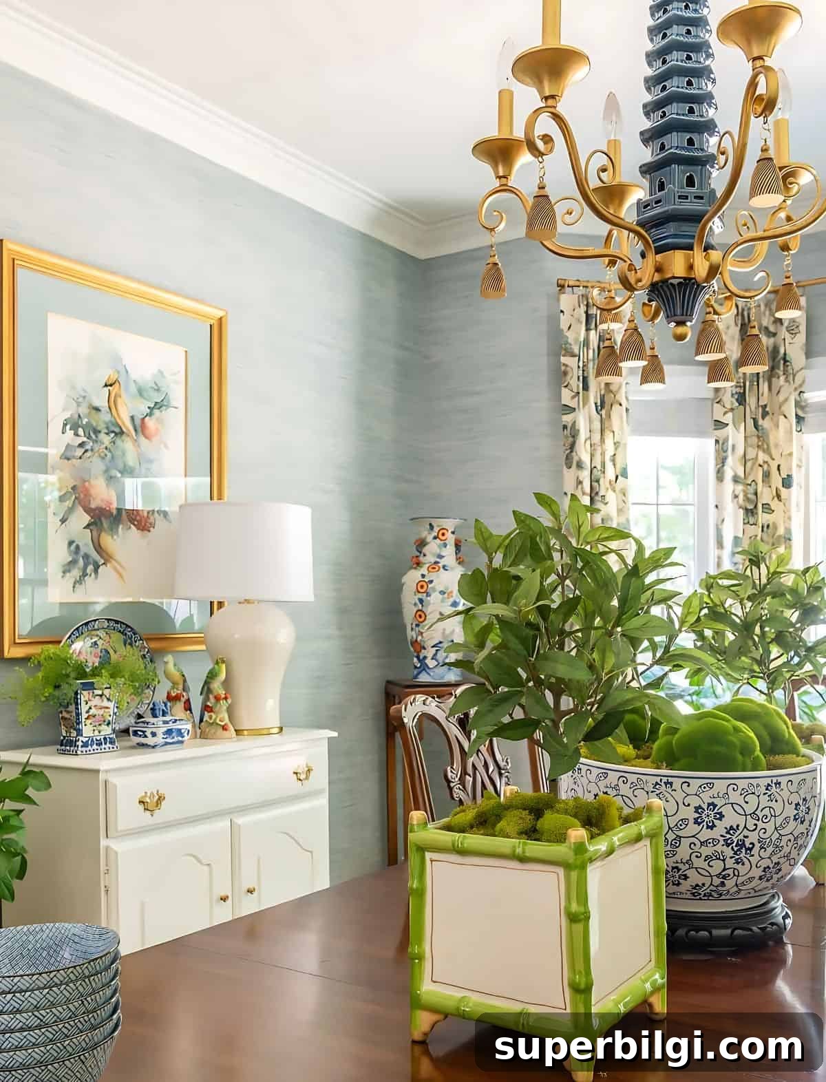 Smart Mudroom Ideas and Quick Decor Fixes to Add Home Personality 4 white buffet in the dining room with blue walls and traditional decor.