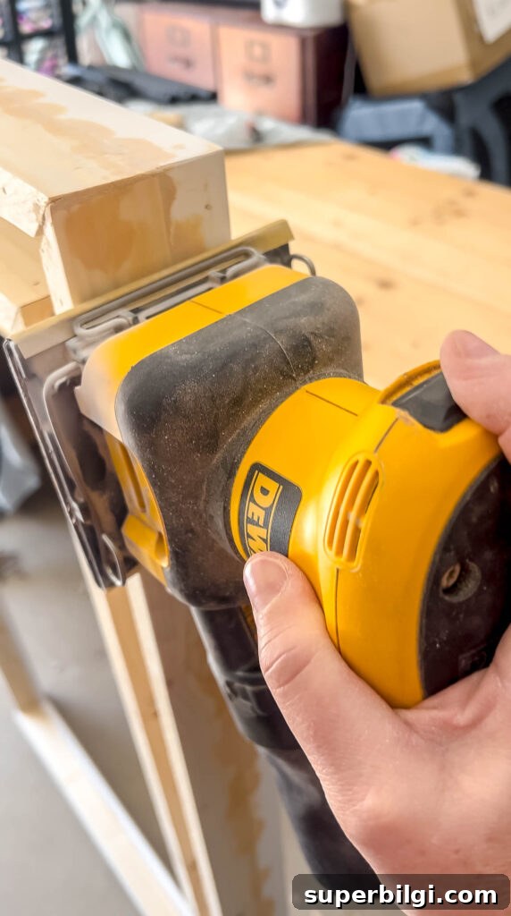 sanding the wood filler on a DIY frame