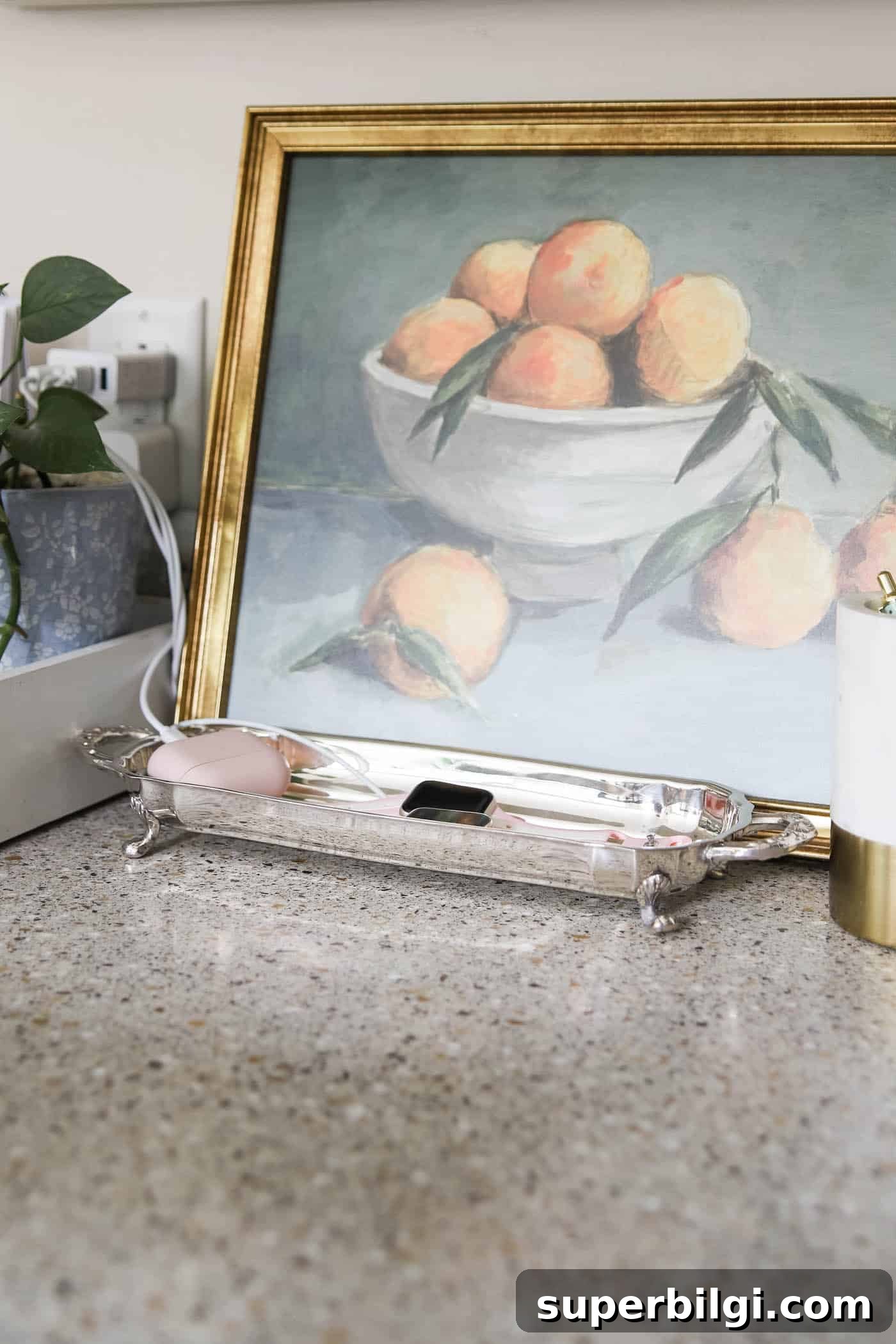 Use and Collect Inherited Antique Silver for Home Decor 8 silver card tray used as an Apple Watch charging tray.