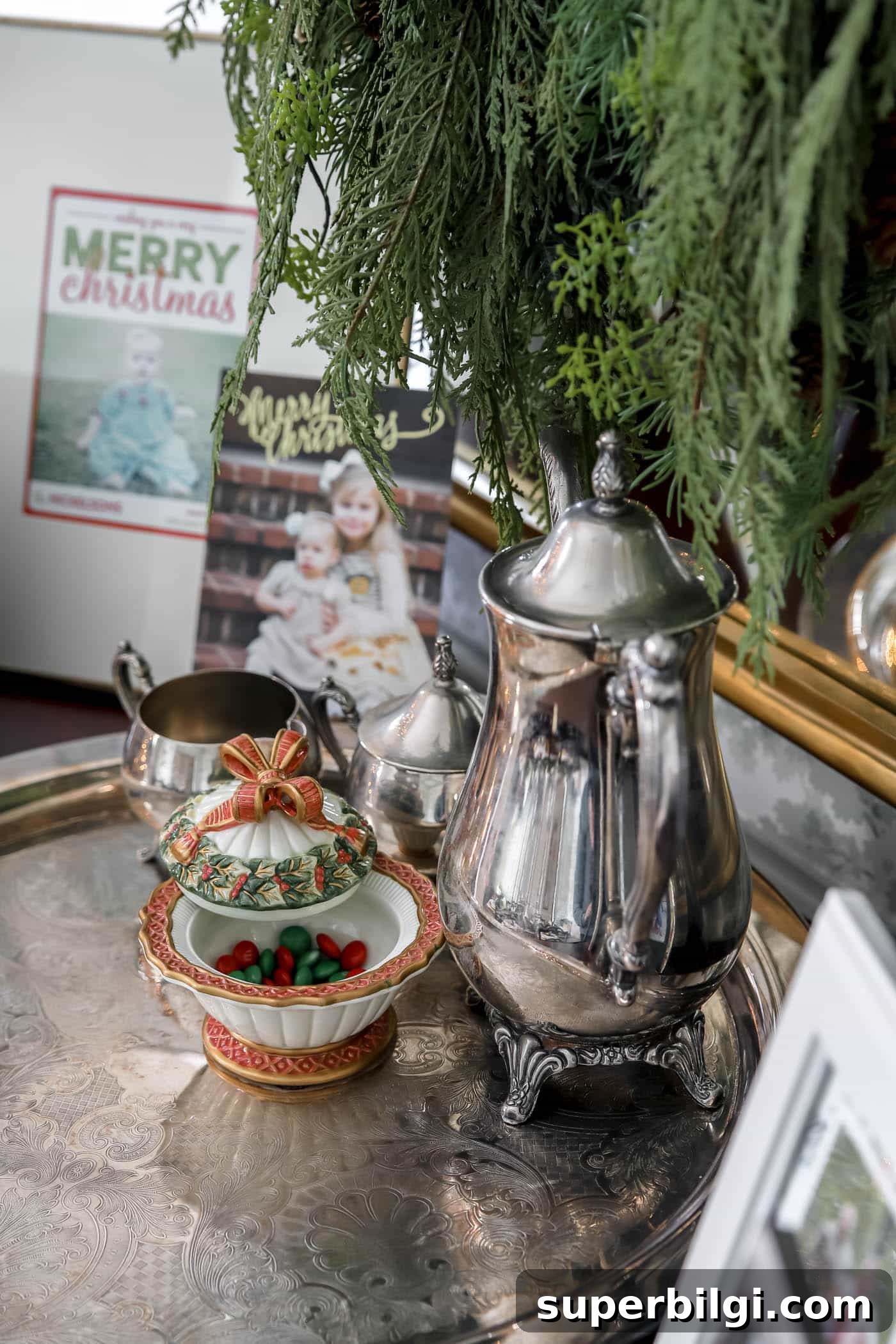 Use and Collect Inherited Antique Silver for Home Decor 11 christmas candy jar with silver tea set and tray.