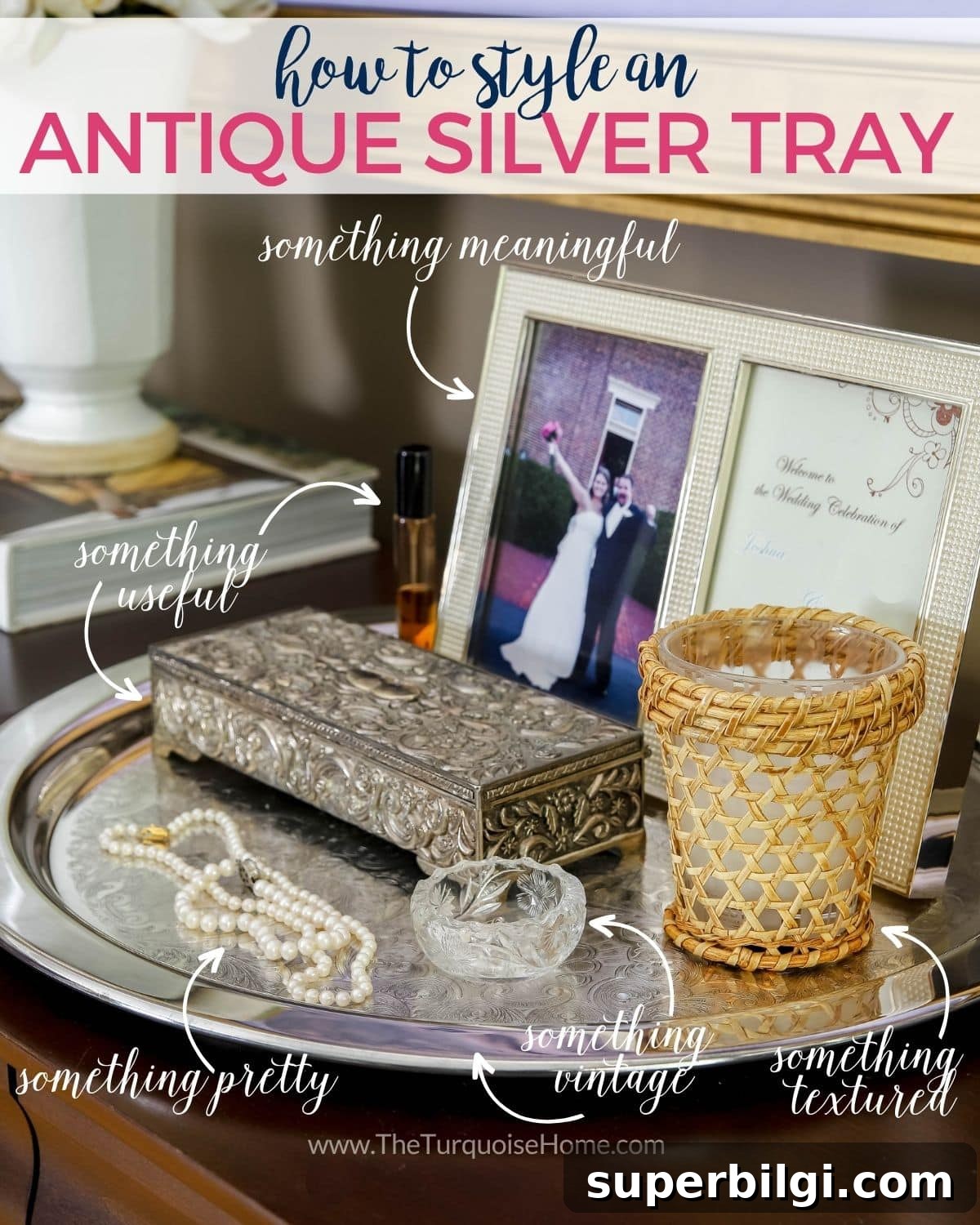 Use and Collect Inherited Antique Silver for Home Decor 6 How to style an antique silver tray: silver tray on a bedroom dresser holding a framed photo, jewelry box and pearl necklaces.