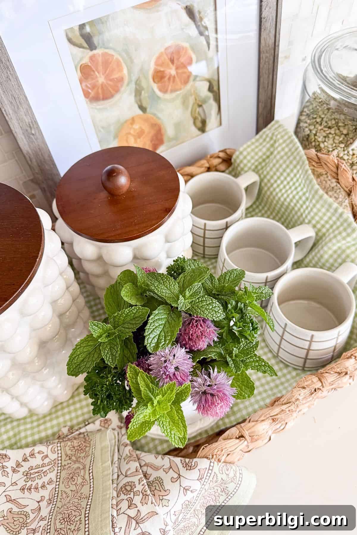 Summer Decorating Ideas: Styling Surfaces and Beautiful Bedrooms 4 summer coffee bar vignette with green check runner, chive herbs, blossoms, mugs and baskets.