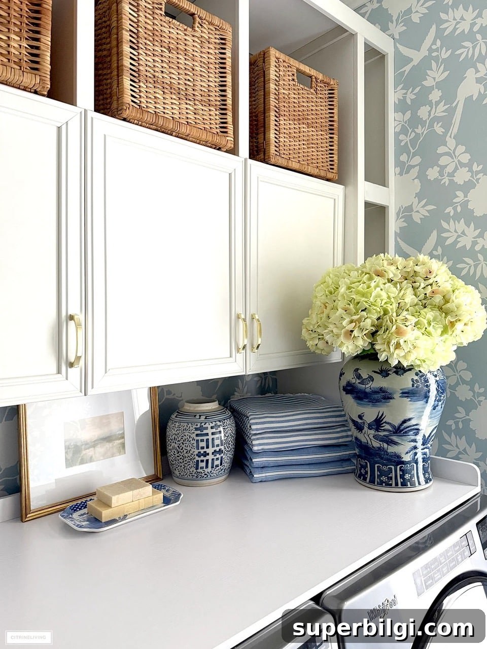Transform Corners and Laundry Rooms - Decor Tips HSS 515 6 white laundry cabinets with lime dried hydrangeas