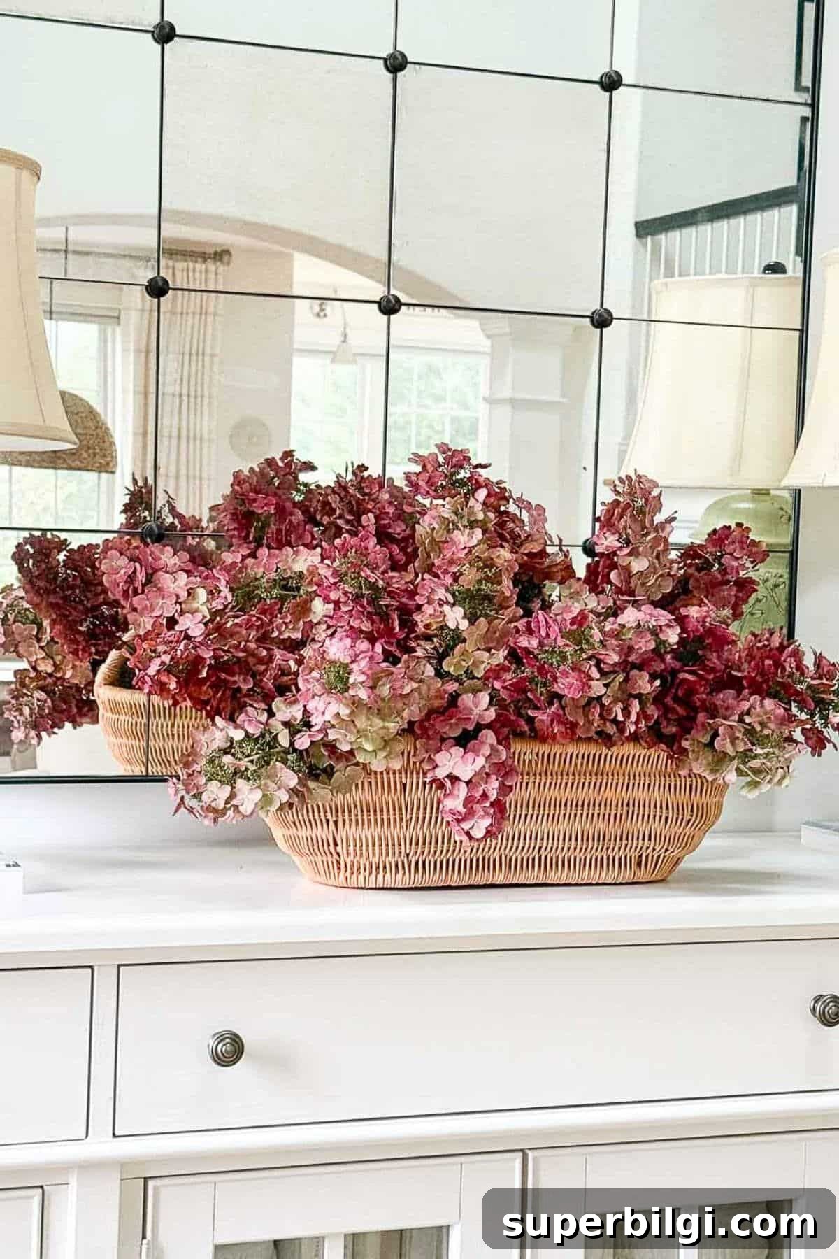 Summer to Fall Decor: Bamboo Shades & Dried Hydrangeas 12 dried hydrangeas