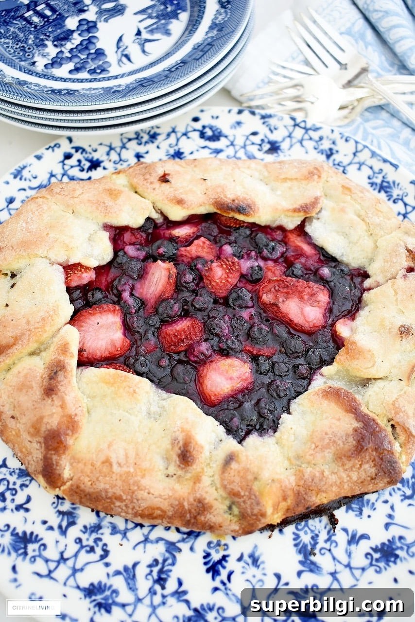 Summer to Fall Decor: Bamboo Shades & Dried Hydrangeas 8 berry crostata on a blue and white plate