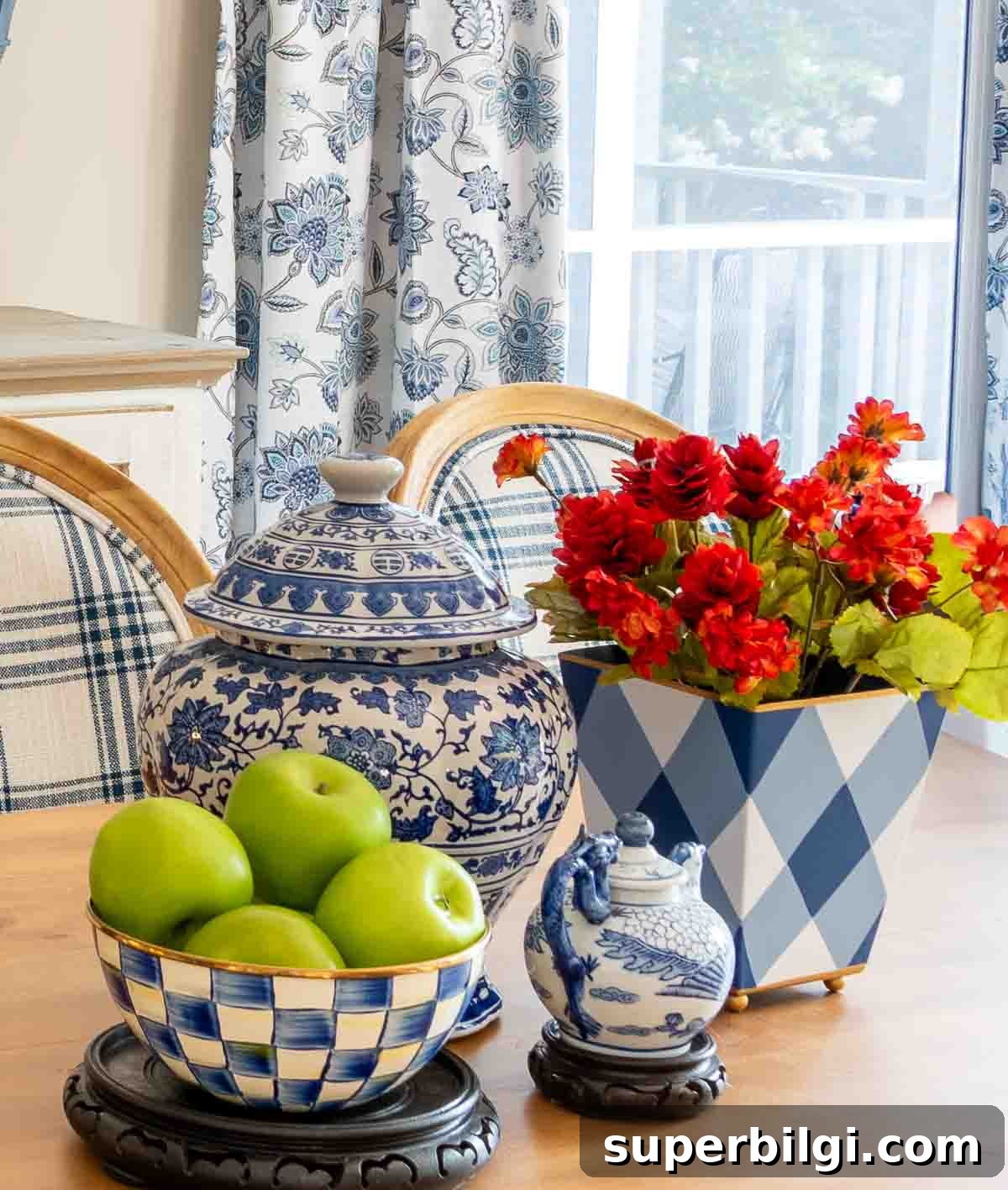 Cozy Fall Decor Ideas: DIY Projects and August Home Inspiration 6 apples and blue and white decor on a table
