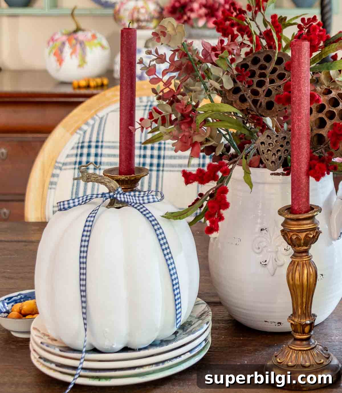 Fall Kitchen Decor Ideas: Faux Pumpkins and Mantel Inspiration 4 white pumpkin candle holders